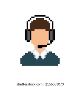 pixel Operator in headset icon.  Vector pixel art online support 8 bit logo for game