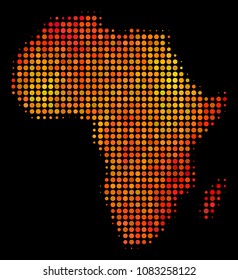 Pixel orange Africa map. Vector territorial plan in bright orange color tones on a black background. Halftone composition of Africa map done from spheric small elements.