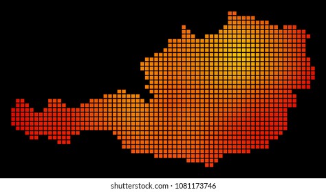 Pixel orange Austria Map. Vector geographical map in bright orange color variations on a black background. Vector composition of Austria Map done of square small elements.