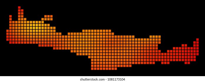 Pixel orange Crete Island Map. Vector territorial map in fire color hues on a black background. Vector mosaic of Crete Island Map done of square elements.