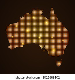 Pixel mosaic glow orange dot map with light on dark background of map of australia symbol for your web site design map logo, app, ui, Travel vector eps10, concept Illustration.