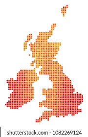 Pixel orange Great Britain And Ireland Map. Vector territory map in bright orange color tones on a white background. Vector composition of Great Britain And Ireland Map constructed of square spots.