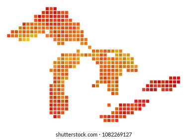 Pixel orange Great Lakes Map. Vector geographical map in fire color hues on a white background. Vector concept of Great Lakes Map organized of square pattern.