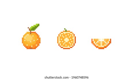 Pixel orange illustration set. Vector pixel orange, half orange and slice of orange. 8 bit retro game style fruit icon collection. Pixel fruit isolated icon on white background.
