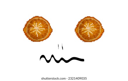 Pixel orange illustration set. Vector pixel orange, half orange and slice of orange. 8 bit retro game style fruit icon collection. Pixel fruit isolated icon on white background.