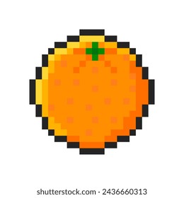 Pixel naranja aislado sobre fondo blanco. Pegatina pixelada. Máquina tragamonedas o elemento de videojuego. Icono de fruta. Ilustración del arte del pixel del vector en estilo viejo de 8 bits.