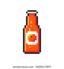 Pixel orange juice in glass bottle isolated on transparent background. Pixelated badge, game asset or computer arcade item. Fresh juice icon. Vector pixel art illustration in 16 bit old style.