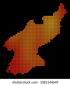 Pixel orange North Korea Map. Vector geographical map in orange color variations on a black background. Vector collage of North Korea Map created of square dots.