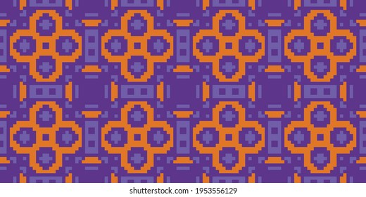 Pixel Ornament Seamless Background. Vector Illustration  Colors:  Slate Blue, Kingfisher Daisy, Tahiti Gold