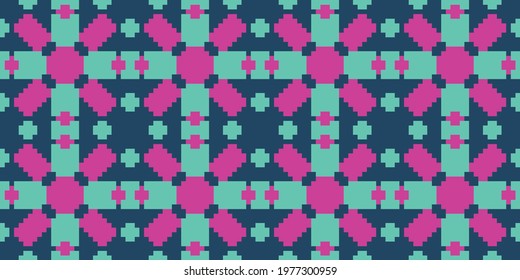 Pixel ornament seamless pattern. Vector illustration  Colors:  Medium Aquamarine, Regal Blue, Spicy Pink