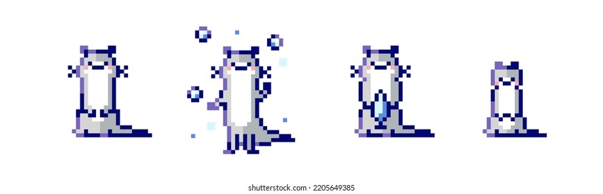 Pixel otter illustration set. Pixel art animal otter icons collection. 8 bit 90s game style cute asset sticker illustrations. Funny pixelated otter characters.