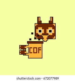 Pixel owl with coffee cup