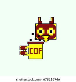Pixel owl with coffee cup