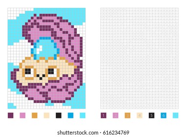 Pixel oyster with perl in the coloring page with numbered squares, vector illustration