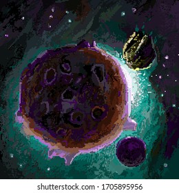 Pixel pace planet cosmic area with a lot of details. Vector illustration with comet, bright light and unknown planet in the galactic