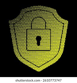 Pixel padlock and shield halftone silhouette icon. Locked padlock on background of shield. Reliable secure storage of information and property. Simple black and yellow vector isolated on black