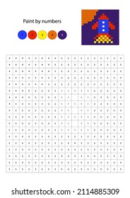 Pixel paint by number. Coloring page with rocket, spaceship.    Educational game for preschool children, drawing kids activity. Transportation