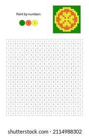 Pixel paint by number. Coloring page with St.Patrick's Day Holiday sign and coin with clover leaf. Educational game for preschool children, drawing kids activity. Vector illustration. St.Patricks.
