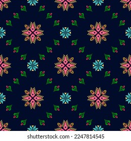 Pixel paisley ikat ethnic seamless pattern decoration design. Aztec fabric carpet boho mandalas textile wallpaper. Tribal native motif ornaments African American folk traditional embroidery vector 