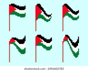 Pixel Palestine flag icon set isolated on white background. Waving Palestine flag in 8-bit retro graphics style from the 80s. Design in pixel art style for banners and posters. Vector illustration