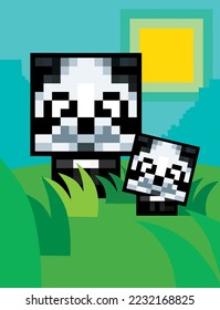 Pixel panda with panda cub in nature