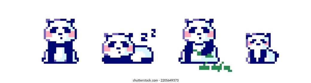 Pixel panda illustration set. Pixel art animal panda bear icons collection. 8 bit 90s game style cute asset sticker illustrations. Funny pixelated panda characters.