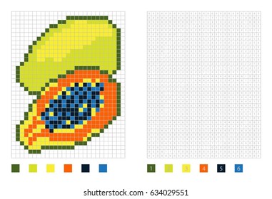 Pixel papaya in the coloring page with numbered squares, vector illustration