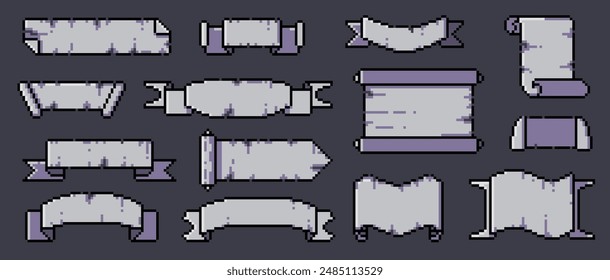 Pixel papyrus. Ancient pixel parchment sheet with torn edges, retro vintage paper roll with cartoon blank manuscript message. Vector sprite pixel papyrus set