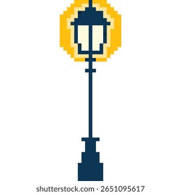 Pixel park lamp vector, a charming retro-style street light for outdoor settings. Ideal for gaming environments, nostalgic scenes, or digital designs evoking urban landscapes and ambiance.