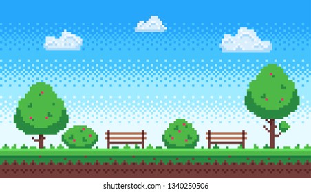 Pixel park. Retro 8 bit game blue sky, pixels trees and parks bench. Game level scene, gaming green park nature wallpaper or 8 bit games 2d retro vector illustration