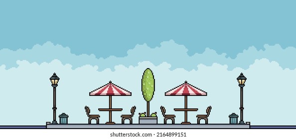 Pixel park with trees, poles and feeding tables Urban landscape. Cityscape background for 8bit game
