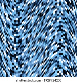 Pixel pattern background of vector sky blue wave square mosaic. Knit pixels in wave seamless pattern. Unusual geometric backdrop texture