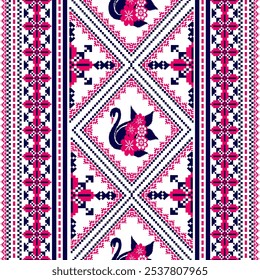 pixel pattern with a black swan and floral on white background