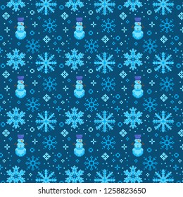 Pixel pattern with blue snowflakes and snowman on blue background.
 Abstract vector texture. Pixel pattern for wallpaper, web sites,wrapping paper,for fashion prints, fabric, design.