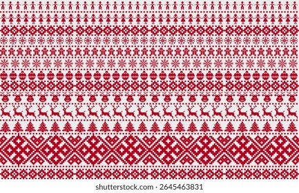 Pixel pattern, Christmas, New Year, Winter, Sweater, Scarf or Christmas decoration. This pattern is a horizontal repeating pattern, using beautiful alternating red and white colors. Pattern of people 
