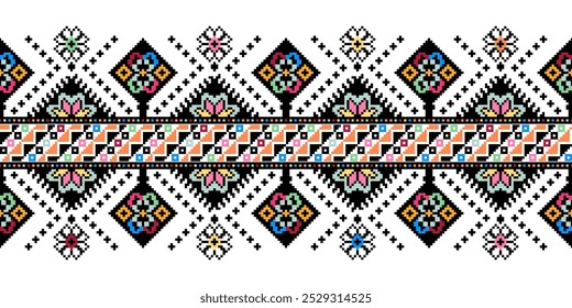 Pixel pattern. Cross Stitch. Geometric ethnic oriental pattern traditional Design for clothing, fabric, white background, wallpaper, wrapping, batik. Knitwear, Embroidery style. Vector illustration.