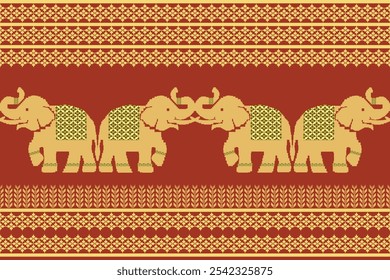 pixel pattern with elephants on a red background