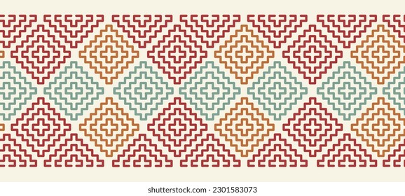  Patrón de píxeles. Arte abstracto étnico. Patrón armónico en ornamento tribal, bordado folclórico, huella geométrica azteca. Diseño de alfombra, papel pintado, ropa, textil, almohada, cortina.