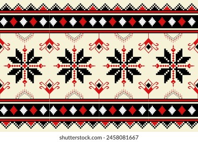 Patrón de píxeles étnico oriental tradicional. Patrón de tela de diseño textil africano, azteca africano indonesio, América indio patrón sin costuras. Patrón de arte de píxel floral en Vector de fondo azul marino