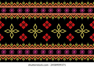 Pixel pattern ethnic oriental traditional. Design fabric pattern textile African, Aztec African Indonesian, America Indian seamless. Floral pixel art pattern on navy blue background  vector