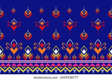 Pixel pattern ethnic oriental traditional. Design fabric pattern textile African, Aztec African Indonesian, America Indian seamless. Floral pixel art pattern on navy blue background  vector