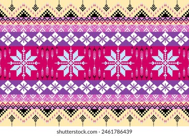 Pixel pattern ethnic oriental traditional. Design fabric pattern textile African, Aztec African Indonesian, America Indian seamless. Floral pixel art pattern on navy blue background  vector