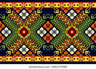 Pixel pattern ethnic oriental traditional. design fabric pattern textile African Indonesian,Indian, seamless Aztec style abstract vector illustration for print clothing, texture, fabric, wallpaper, de