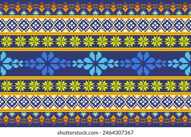 Pixel-Muster ethnisch orientalisch. Design Stoffmuster Textil Afrikanisch, Aztekisch Afrikanisch Amerika Indisch nahtlos. Blumenpixelkunstmuster auf marineblauem Hintergrund Vektorillustration