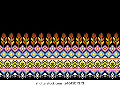Pixel pattern ethnic oriental traditional. Design fabric pattern textile African, Aztec African America Indian seamless. Floral pixel art pattern on navy background  vector illustration