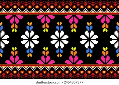 Pixel pattern ethnic oriental traditional. Design fabric pattern textile African, Aztec African America Indian seamless. Floral pixel art pattern on navy background  vector illustration