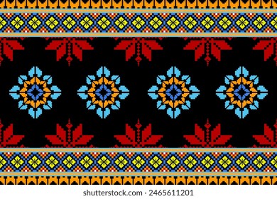 Pixel pattern ethnic oriental traditional. Design fabric pattern textile African, Aztec African America Indian seamless. Floral pixel art pattern on navy background  vector illustration