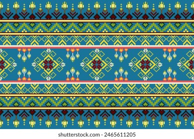 Patrón de píxeles étnico oriental tradicional. Diseño textil patrón de tela África, Azteca África América India sin costuras. Patrón de arte de píxel floral en Ilustración vectorial de fondo azul marino