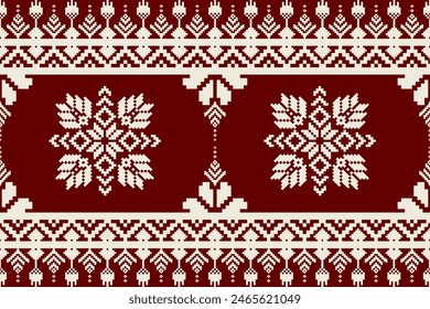 Pixel pattern ethnic oriental traditional. Design fabric pattern textile African, Aztec African America Indian seamless. Floral pixel art pattern on navy background  vector illustration