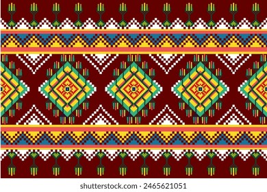 Pixel pattern ethnic oriental traditional. Design fabric pattern textile African, Aztec African America Indian seamless. Floral pixel art pattern on navy background  vector illustration